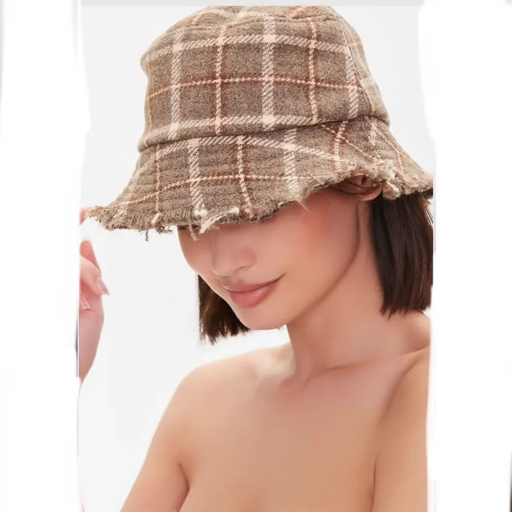 Frayed Woven Bucket Hat allover plaid pattern wide brim, and frayed raw-cut Trim